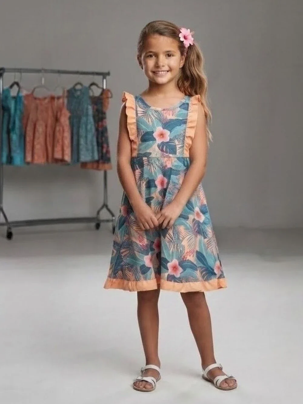 Patpat Tropical Floral Ruffle Crisscross Back Summer Sundress Vacation Sz 8-9 Yr